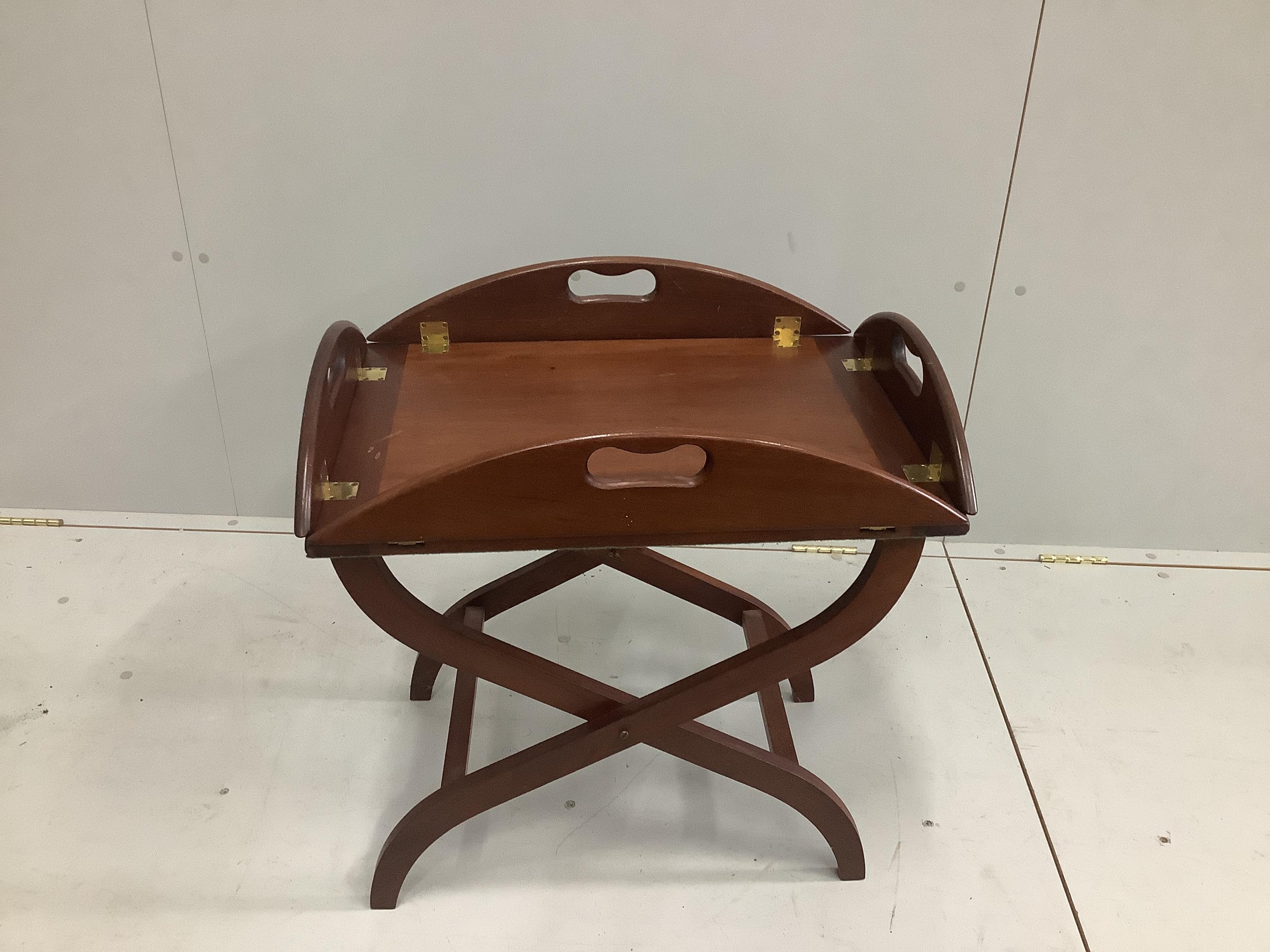 A mahogany butler's tray on stand, width 61cm, height 53cm